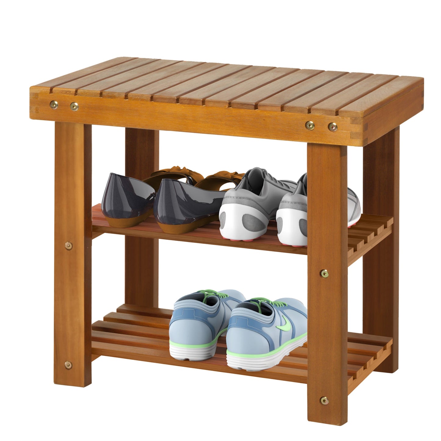 Acacia Wood Shoe Bench 3-Tier Shoe Storage Organizer for Entryway Living Room