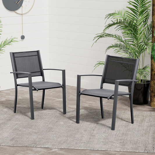 Garden Chairs Set Of 2 Outdoor Chairs with Steel Frame Texteline Seat for Dining Patio Balcony Dark Grey Black