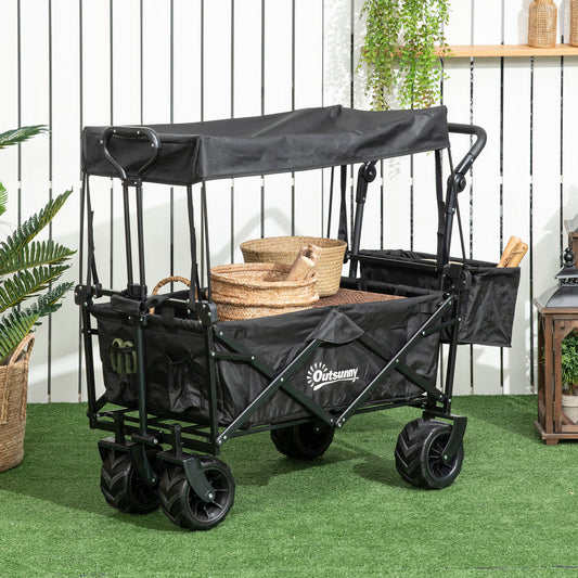 Folding Trolley Cart Storage Wagon Beach Trailer 4 Wheels with Handle Overhead Canopy Cart Push Pull for Camping