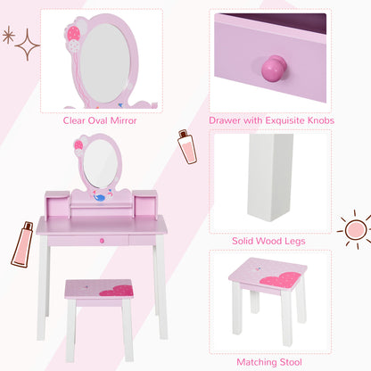 Kids Wooden Dressing Table and Stool Make Up Desk Pink