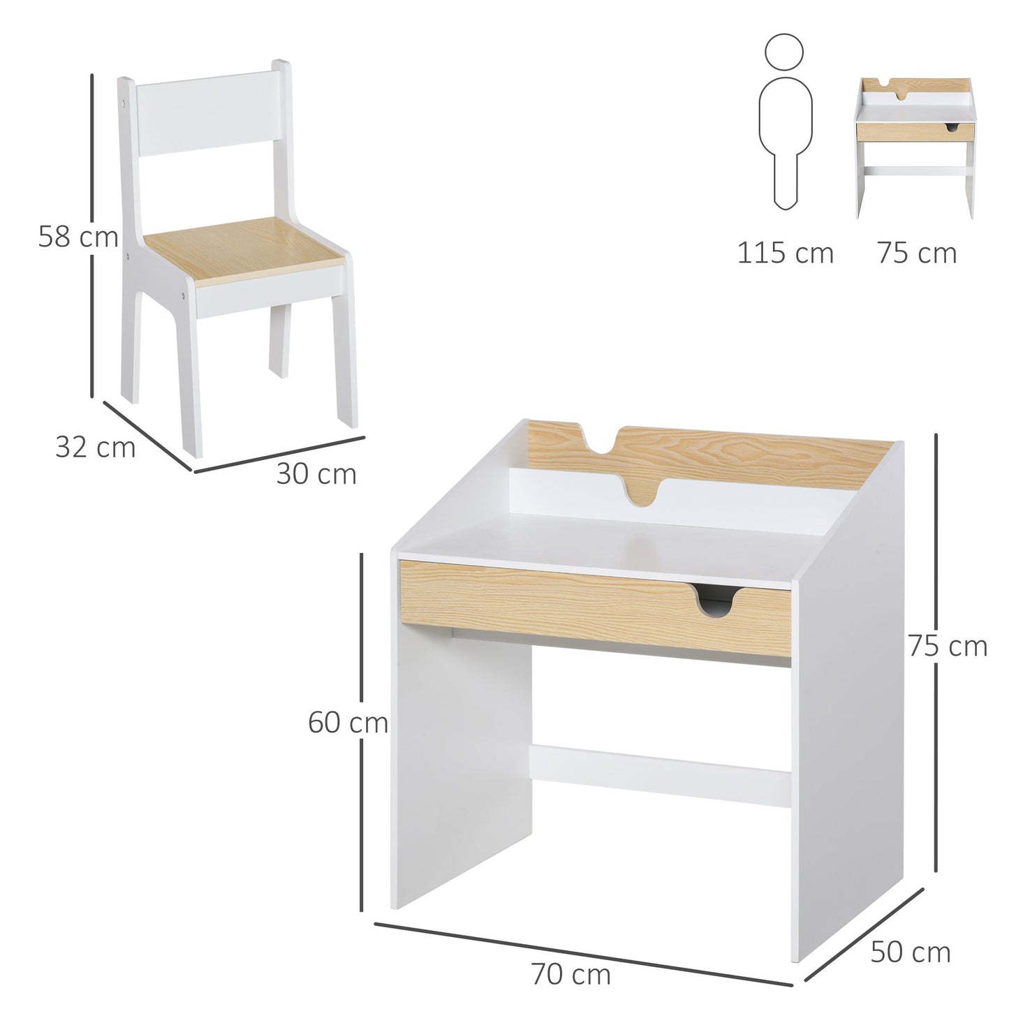 Kids Desk and Chair Set 2-Pieces Children Study Table with Storage Pull-Out Drawer Bookshelf for 3-6 Years Writing