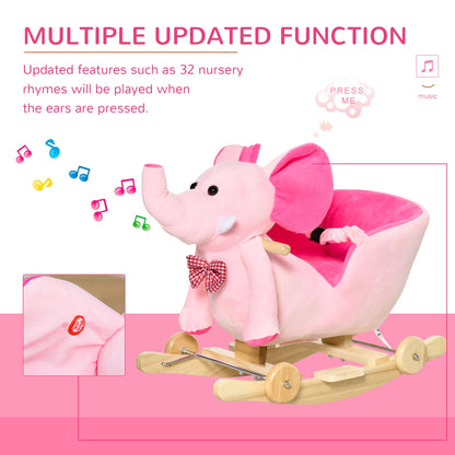 2 In 1 Plush Baby Ride on Rocking Horse Elephant Rocker with Wheels Wooden Toy for Kids 32 Songs Pink