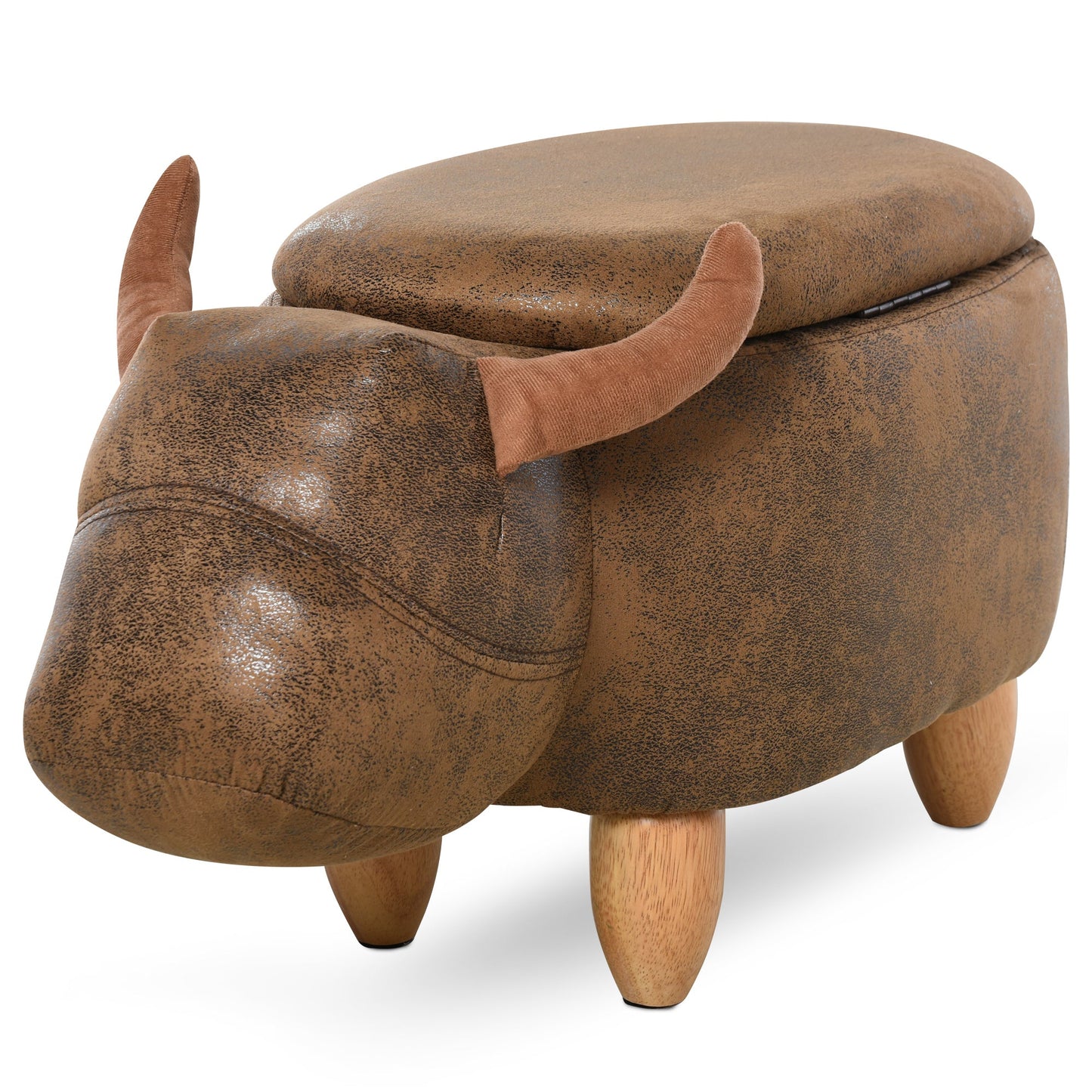 Animal footstool Buffalo Storage Stool Cute Kids Decoration Wood Frame Legs w/Padding Lid Ottoman Furniture Brown