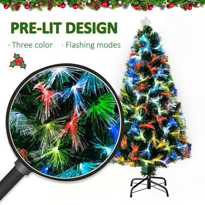 Homcom 4FT Tall Artificial Tree Fiber Optic Colorful LED Pre-Lit Holiday Home Christmas Decoration with Flash Mode - Green