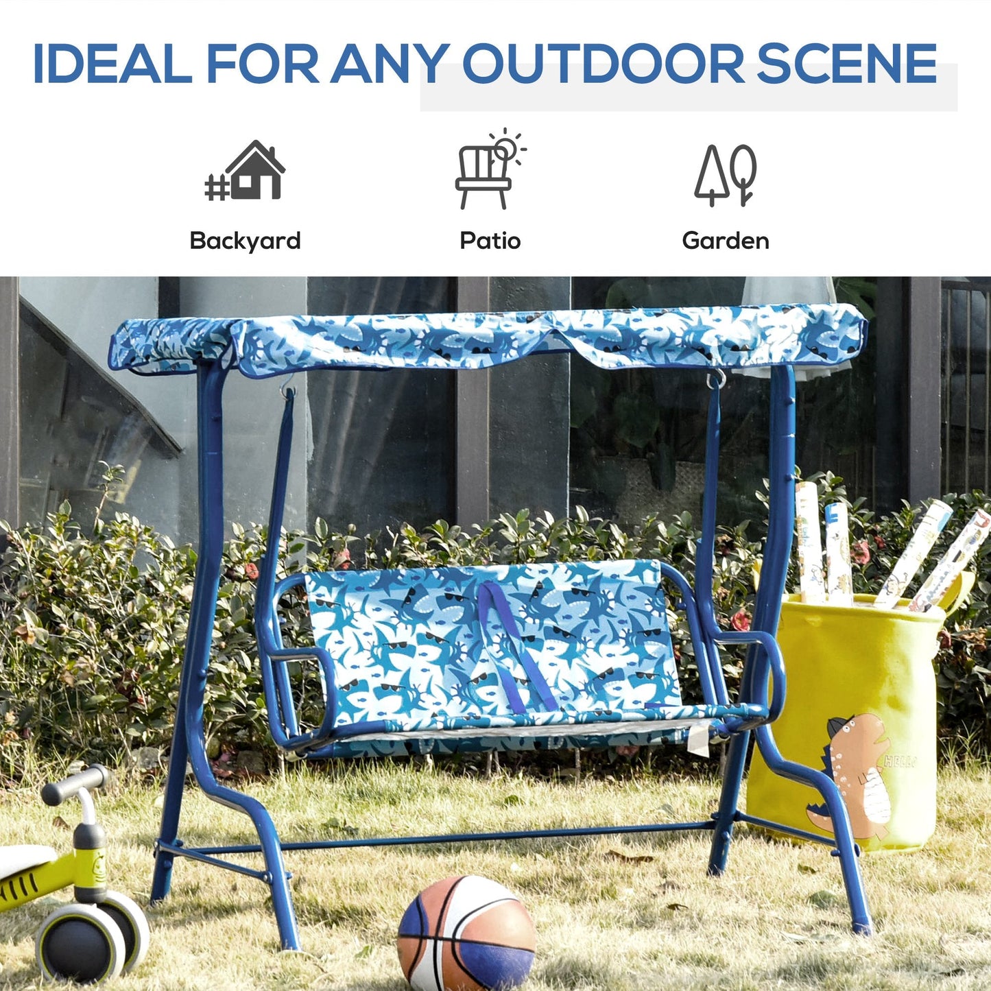 2 Seater Kids Swing Chair Double Garden Swing Seat w/ Belt Adjustable Canopy Fun Toddler Glider Hammock Lounge Backyard Blue