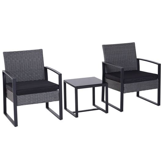 2 Seater Rattan Patio Set W/ Cushions-Grey/Black