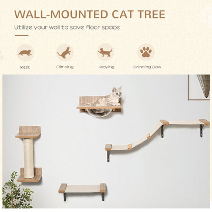 PawHut Cat Tree 4-Piece Wall-mounted Shelf Set Climbing Frame Activity Center