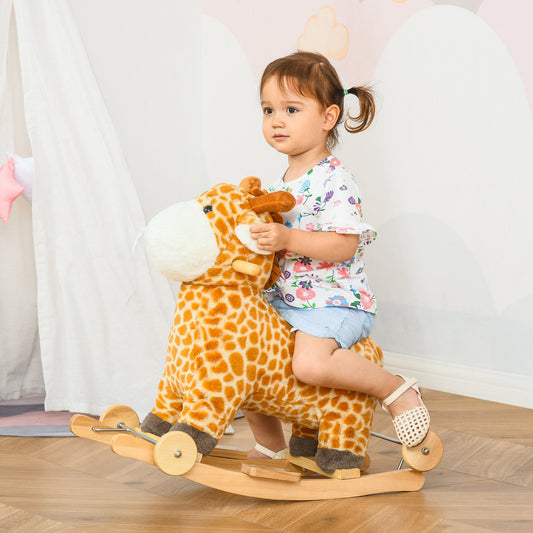 2 In 1 Kids Todder Rocking Horse Plush Ride On Giraffe Rocker with Wheels Wooden Base Animal Sounds for 36-72 Months