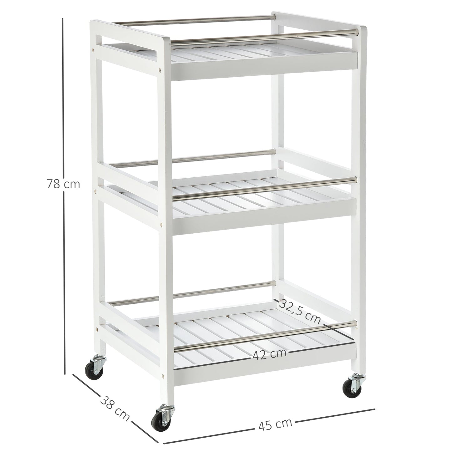 3-Tier Home Trolley Kitchen Storage Cart w/ Steel Bars 4 Universal Wheels Rolling Unit Organiser Living Room White