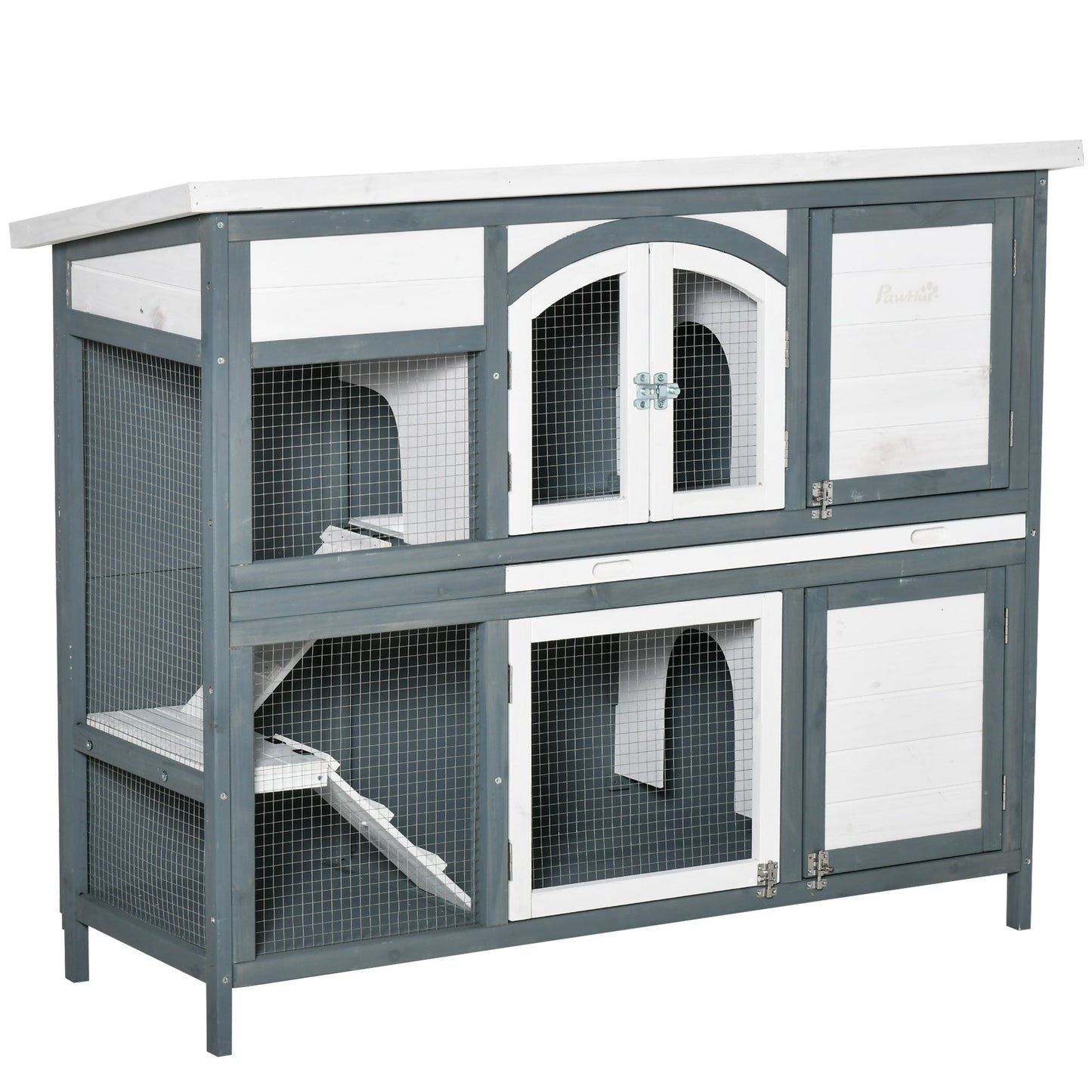 PawHut Two-Tier Wooden Rabbit Hutch Guinea Pig Cage w/ Openable Roof