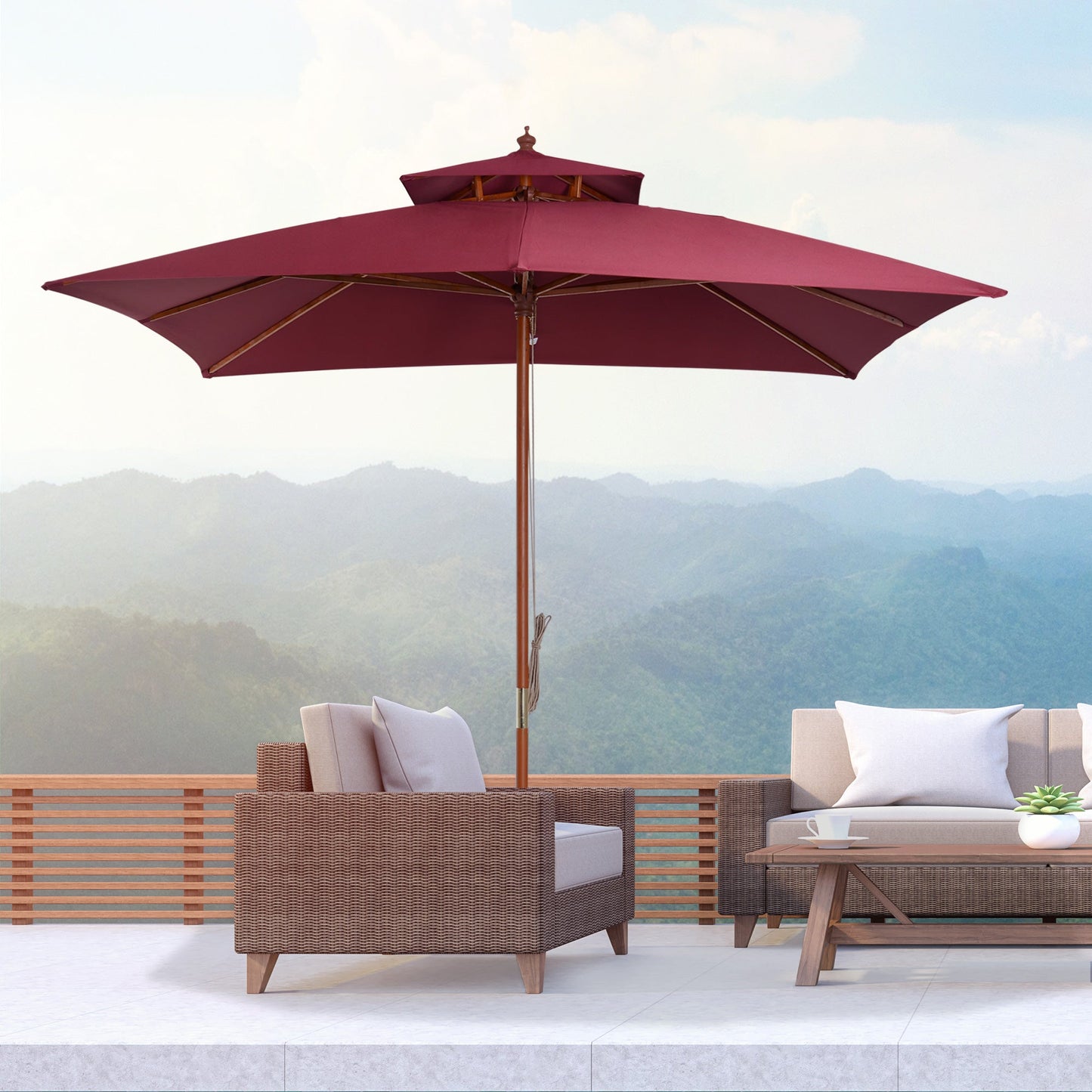 3 x 3 meter Patio Parasol Garden Umbrellas Sunshade Outdoor Wood Wooden Parasol Canopy Double Tier Wine Red