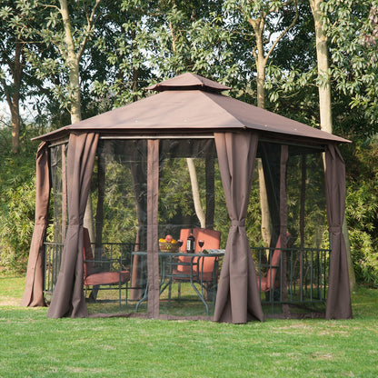 3 x 3M Hexagon Gazebo Patio Canopy Party Tent Outdoor Garden Shelter w/ 2 Tier Roof & Side Panel - Brown