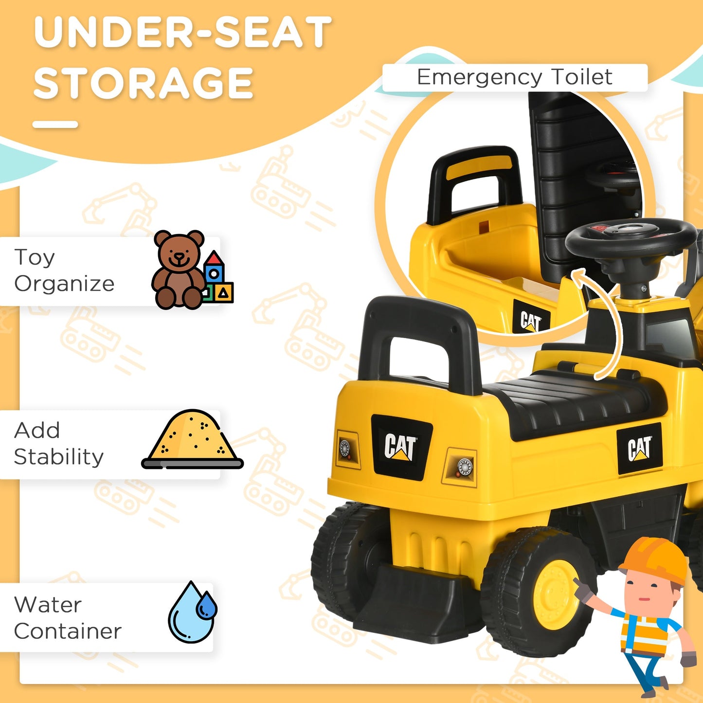 Licensed CAT Kids Construction Ride on with Manual Bucket