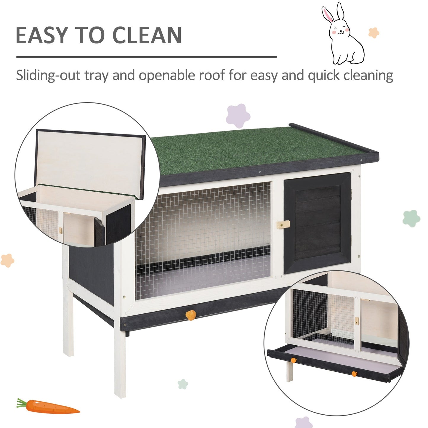 PawHut Wooden Rabbit Hutch Small Animal Habitat w/ Dropping Tray Opeanble Asphalt Roof