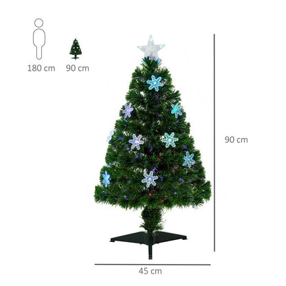 Homcom 3FT Green Fibre Optic Artificial Christmas Tree Xmas Colourful LED Scattered Tree with Snowflakes Ornaments Fireproofing