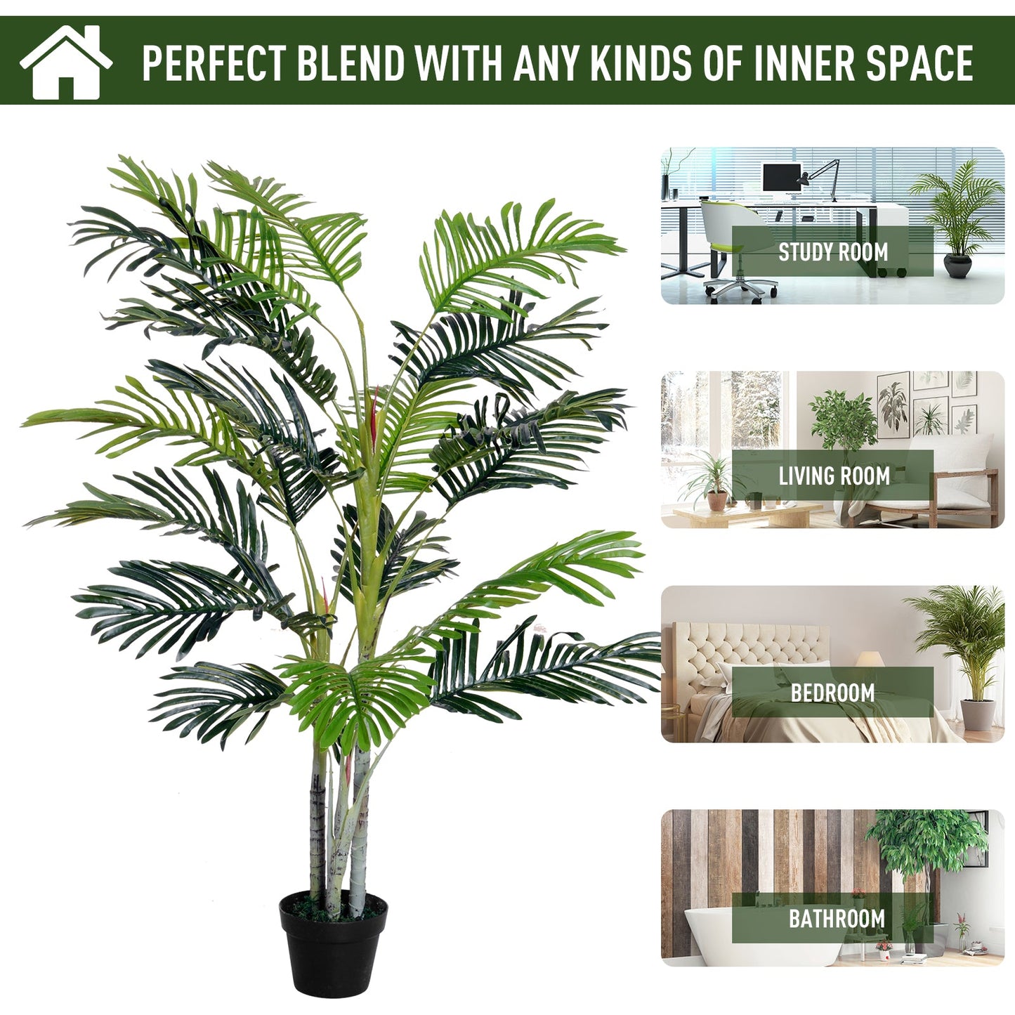 150cm5ft Artificial Palm Tree Decorative Indoor Faux Green Plant w/Leaves Home Décor Tropical Potted Home Office