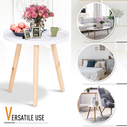 Flower Eteched Side Table w/ Saucer Top Wood Legs Living Room Bedroom Furniture Coffee End Table Display Decoration Elegant - White