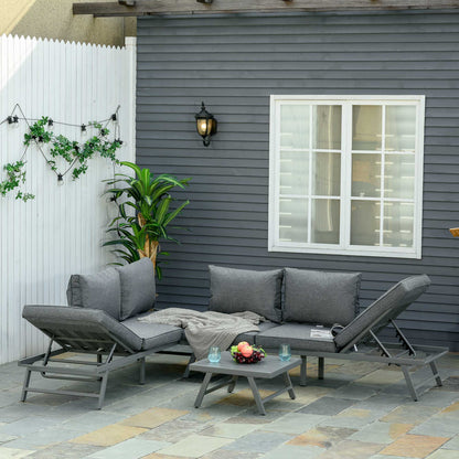 3-Piece Garden Seating Set w/ Convertible Sofa Lounge Table Padded Cushions Outdoor Patio Furniture Couch Grey