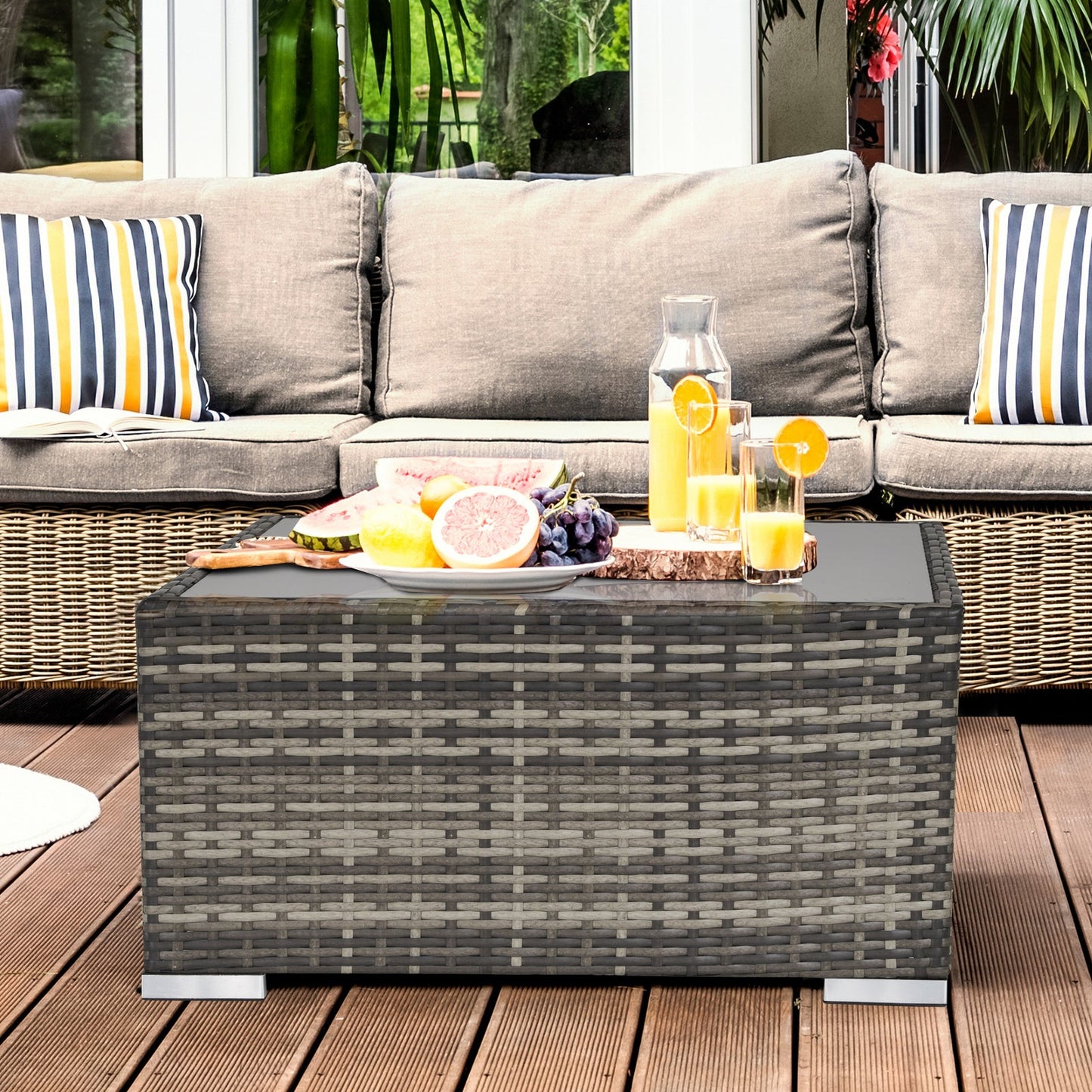 Square PE Wicker Rattan Table with Glass Top - Dark Grey