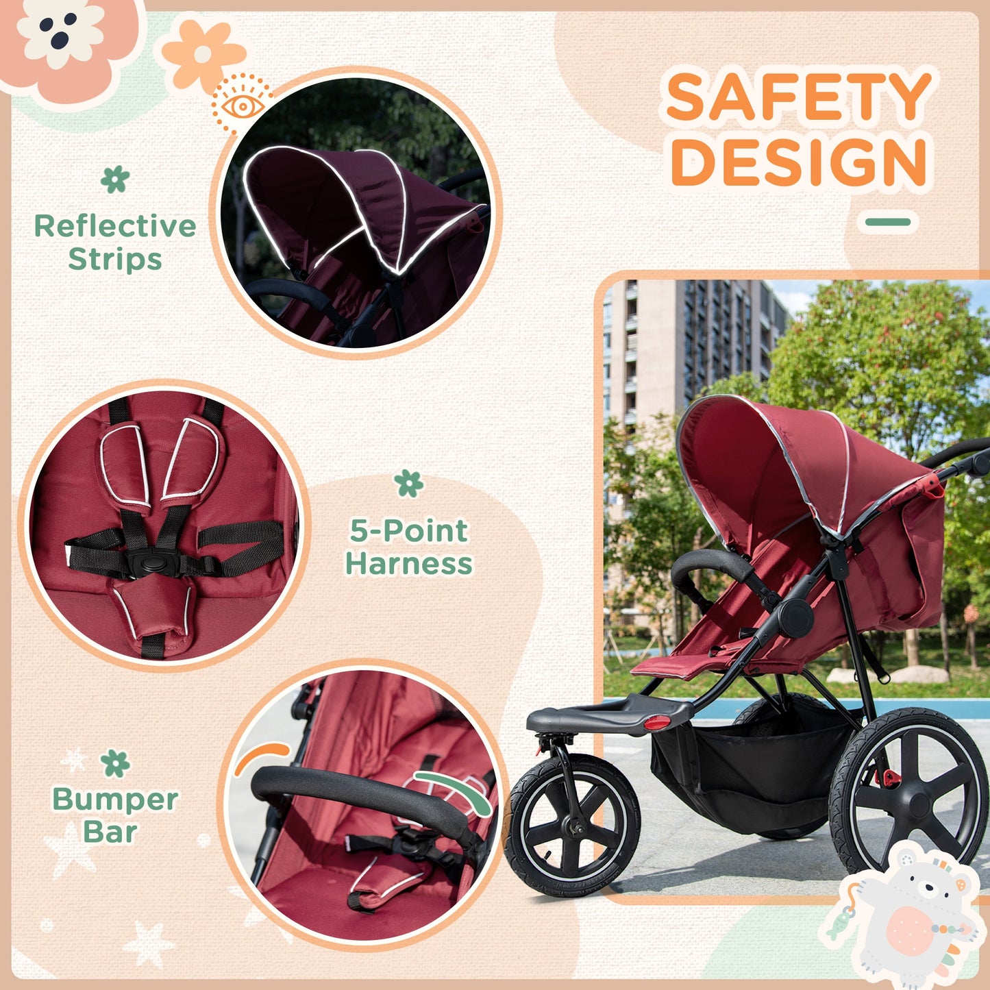 Foldable Three-Wheeler Baby Stroller w/ Canopy