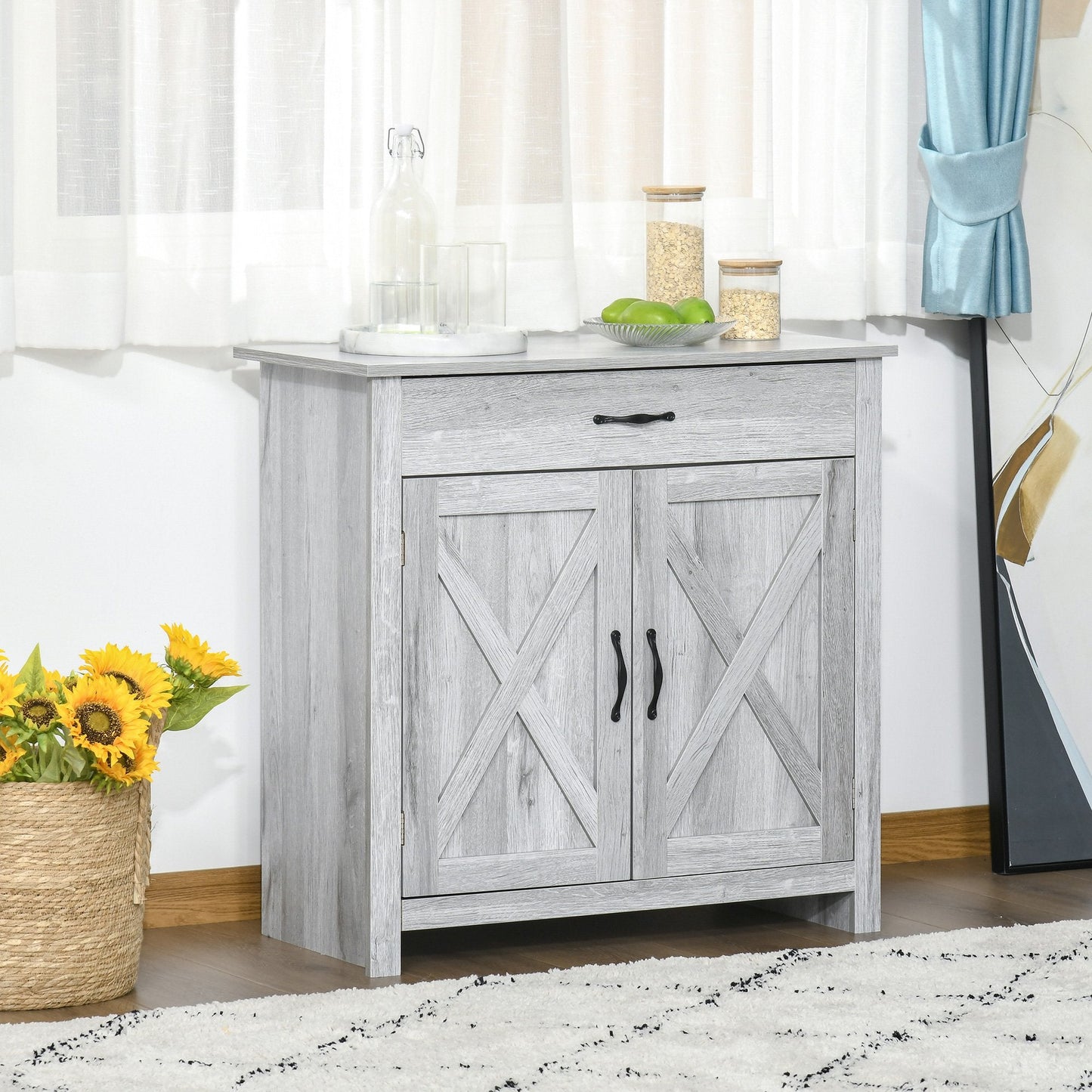 Farmhouse Barn Door Sideboard Storage Cabinet Coffee Bar for LIVING Room – Grey Grain