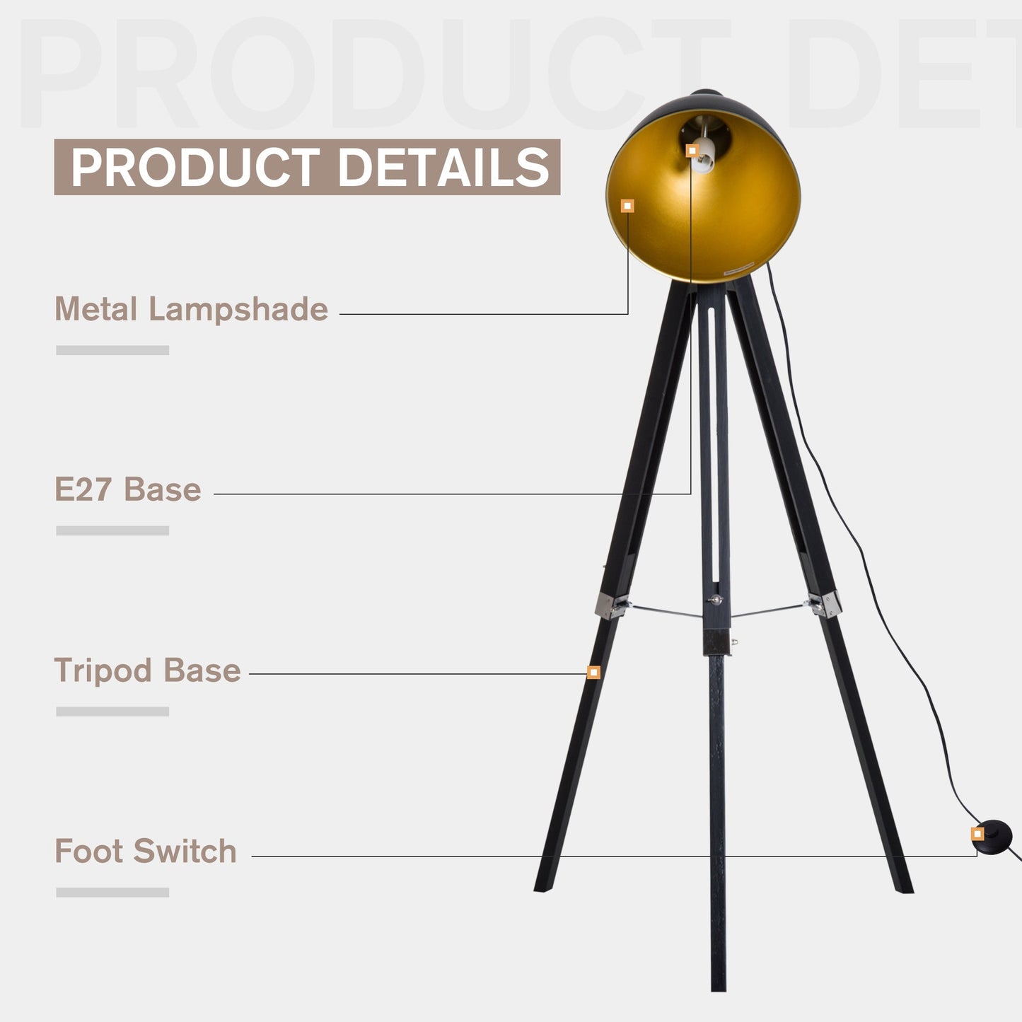 Industrial Floor Lamp for Living Room Tripod Spotlight Reading Lamp w/Wood Legs Metal Shade Adjustable Height Angle for Bedroom Home Office Black and Gold