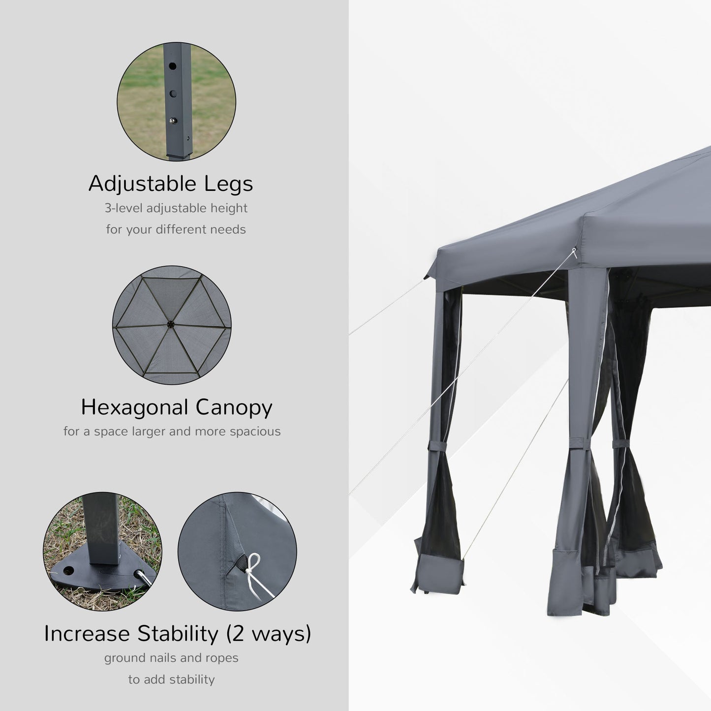 Outsunny 3.2M Pop Up Gazebo Hexagonal Canopy Tent Outdoor Sun Protection With Mesh Sidewalls Handy Bag Grey