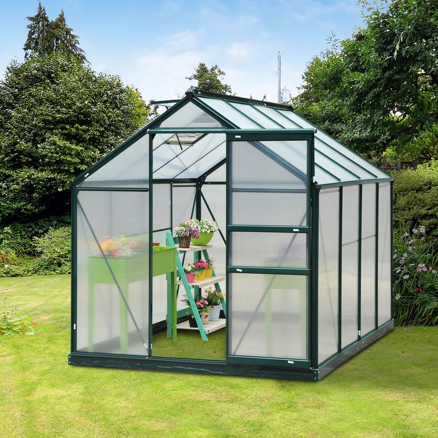 Clear Polycarbonate Greenhouse Large Walk-In Green House Garden Plants Grow Galvanized Base Aluminium Frame w/ Slide Door 6 x 8ft