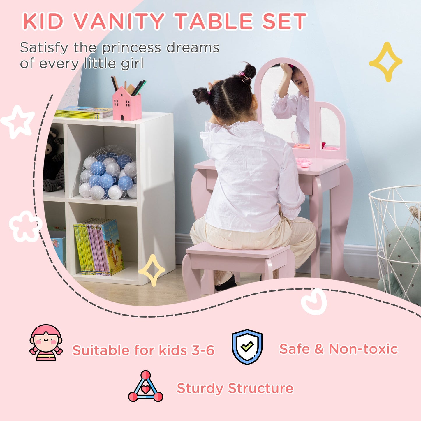 Homcom Kids Dressing Table Set With Mirror And Drawer - Pink