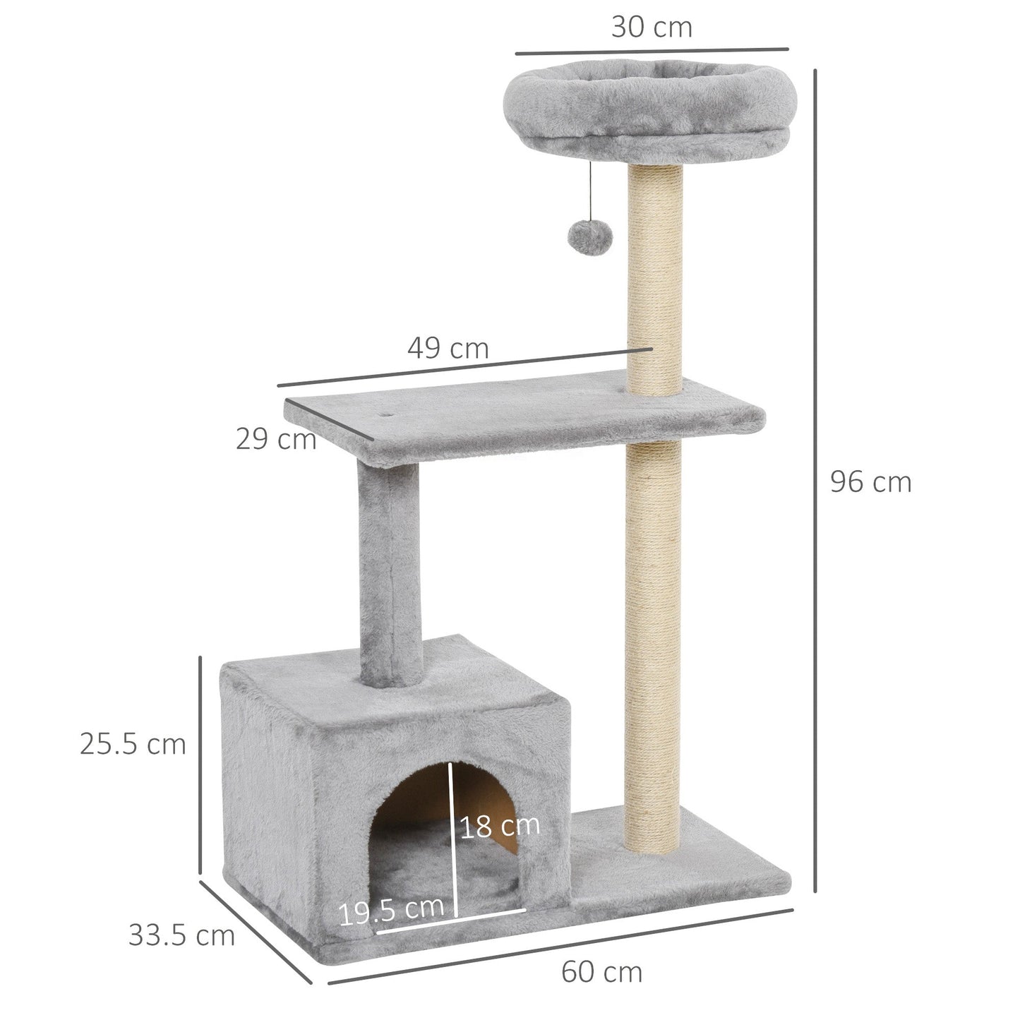 PawHut 96cm Cat Tree for Indoor Cats Condo Sisal Scratching Post Cat Tower Kitten Play House Dangling Ball Activity Center Furniture Grey