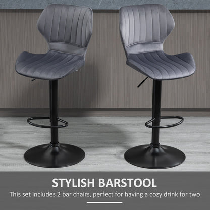 Homcom Bar Stool Set Of 2 Velvet-Touch Fabric Adjustable Height Swivel Counter Chairs With Footrest Grey