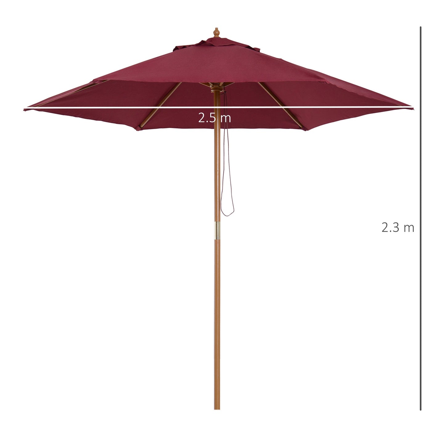 Outsunny 2.5M Wooden Garden Parasol Umbrella-Red Wine