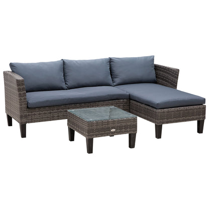 4 Seater Garden Sofa PE Rattan Set w/ 2 Seat Square Glass Top Coffee Table Corner Sofa Thick Cushions Solid Legs Metal Frame