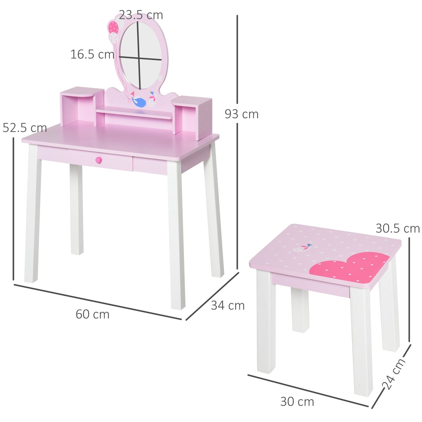 Kids Wooden Dressing Table and Stool Make Up Desk Pink