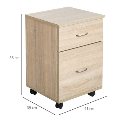 Homcom Mobile Wooden 2 Drawers Cabinet Storage Box With Wheels (Oak)