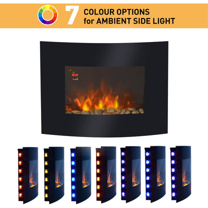 900/1800W LED Curved Glass Electric Wall Mounted Fire Place-Black