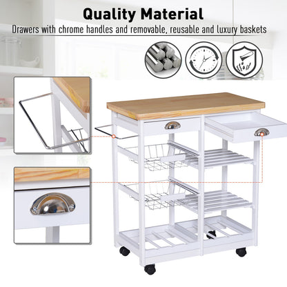 Rolling Kitchen Island Trolley Cart Drawer Shelves Basket Wheels W/ 6 Bottle Wine Rack White