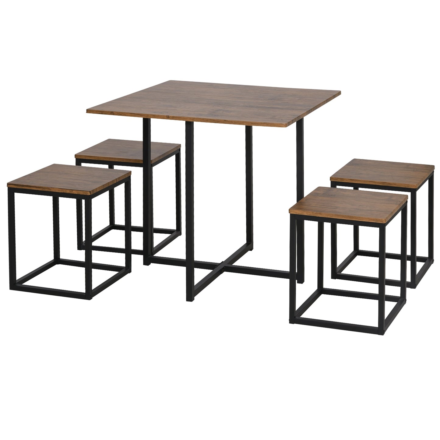 5-Piece Industrial Table & Stool Set w/ Metal Frame Home Dining Stylish Square Compact Seating Chair Beautiful Cool Black Brown