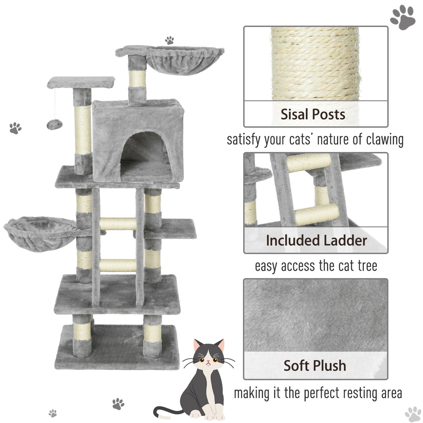 PawHut Cats 6-Tier Sisal Rope Activity Tree w/ Dangle Toy Grey