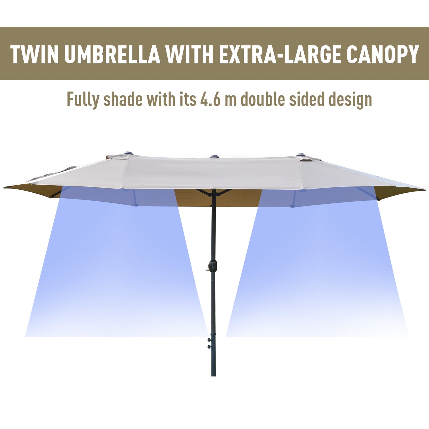 4.6M Sun Umbrella Canopy Double-sided Crank Sun Shade w/ Cross Base Khaki