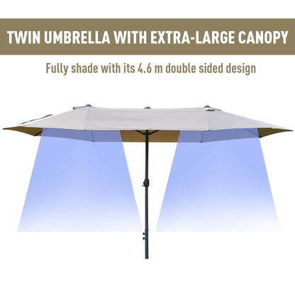 4.6M Sun Umbrella Canopy Double-sided Crank Sun Shade w/ Cross Base Khaki