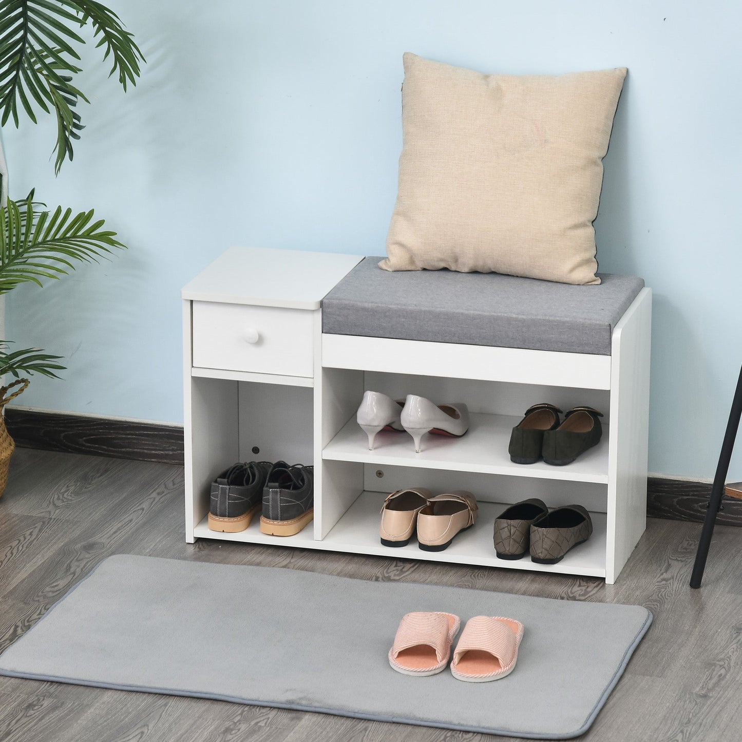 Multi-Storage Shoe Bench w/ Drawer 3 Compartments Cushioned Home Organisation Furniture Tidy Boots Hallway Entryway White