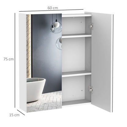 Homcom Wall Mount Mirror Cabinet Wood Bathroom Storage Shelf Double Door Cupboard Adjustable (60Wx15Dx75H (cm))