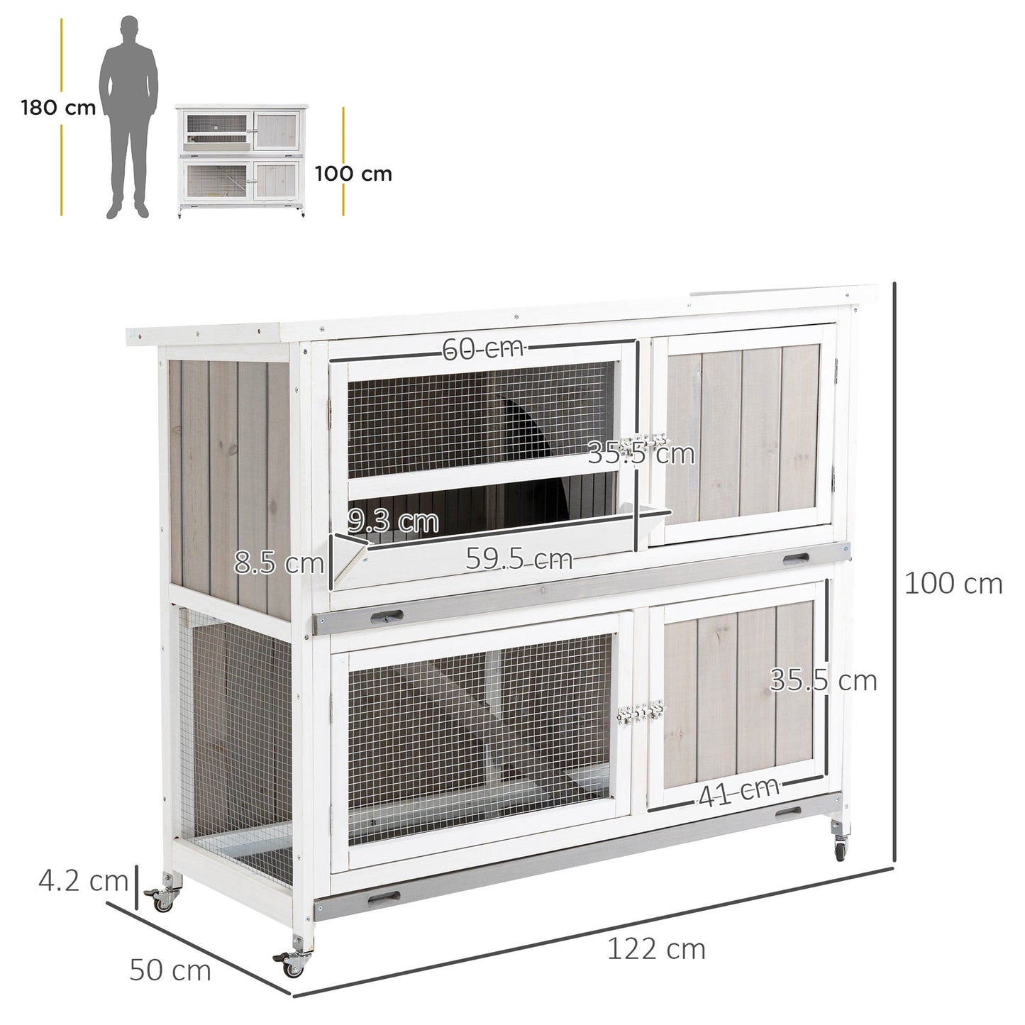 PawHut 4' Rabbit Hutch Two Tier Wooden Guinea Pig Cage Bunny House w/ Rain Cover