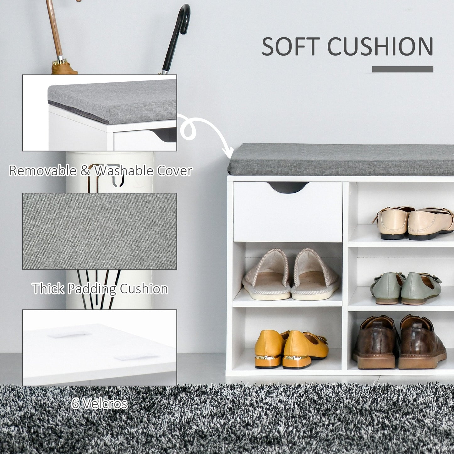 Shoe Storage Bench w/ Cushion 7 Compartments Adjustable Shelves White and Grey