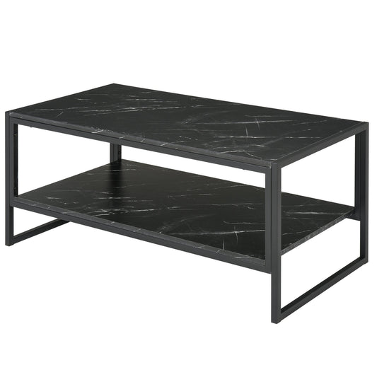 Two-Tier Laminate Marble Print Table Top Coffee Table w/ Metal Frame Foot Pads Elegant Modern Style 2 Shelves Home Display Storage Unit Living Room