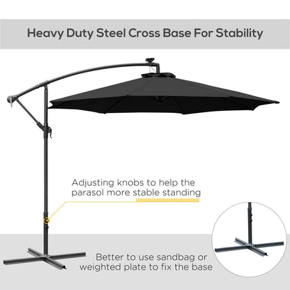 3m LED Patio Banana Umbrella Cantilever Parasol w/ Crank Cross Base Hanging Offset Umbrella Frame Steel Aluminium Garden Table Outdoor Black