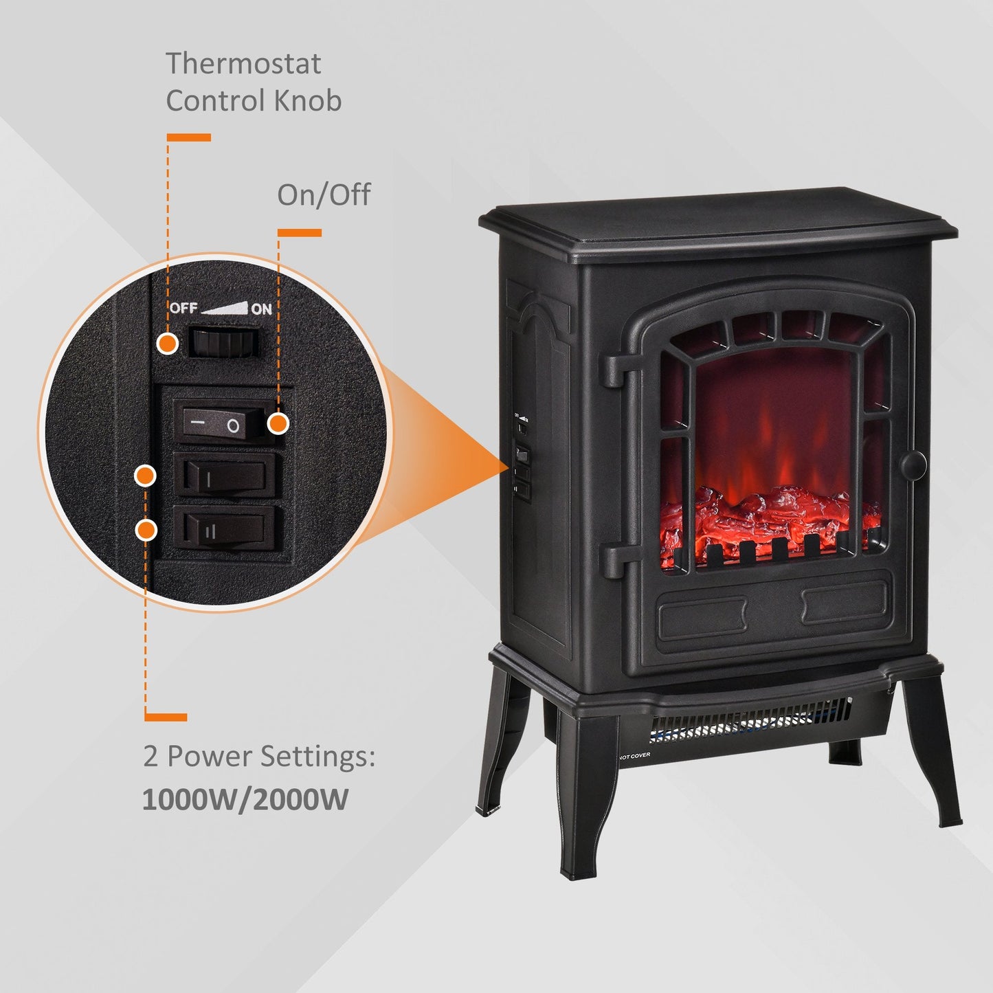 Freestanding Electric Fireplace Stove W/Realistic Flame Effect 1000W/2000W-Black