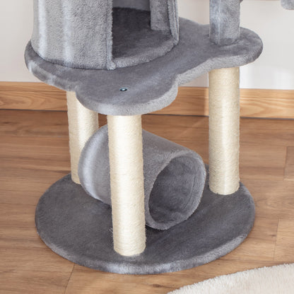 PawHut Cat Tree Tower for Indoor Cats Climbing Activity Center Kitten Furniture with Jute Scratching Post Bed Tunnel Perch Hanging Balls Grey