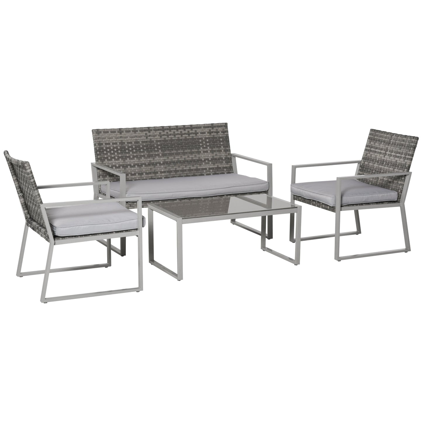 4-Piece Rattan Garden Furniture Set 2 Single Sofa Arm Chairs 1 Bench with Cushions & Coffee Table Patio Backyard Wicker Weave